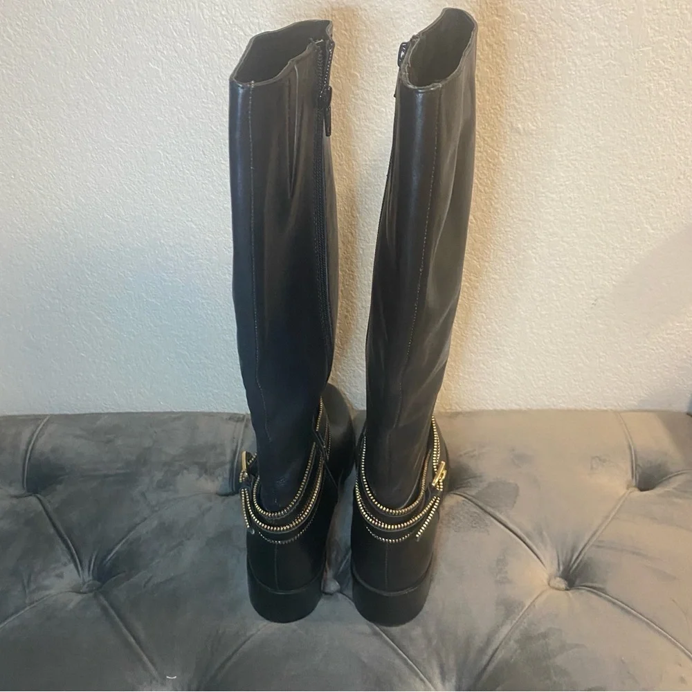 NWOB Heyraud Knee High Black Leather Boots With Gold Hardware - Size 40